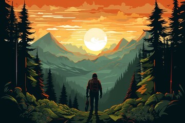 Hiker traversing forest, stylized poster. Generative AI