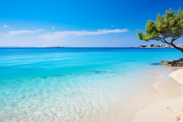 Fototapeta na wymiar A beautiful sandy beach with crystal clear turquoise waters in Nissi, Cyprus. Generative AI