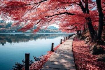 Red leaves adorn Mount Fuji in autumn, reflected in Lake Kawaguchiko. Generative AI
