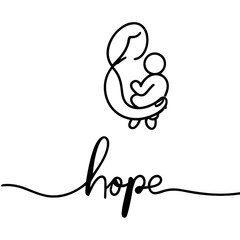 One Line continuous drawing of text "hope" and a Mother holding a baby, transparent background. Image created using artificial intelligence.