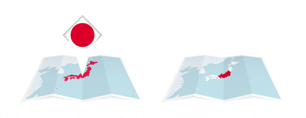 Two versions of an Japan folded map, one with a pinned country flag and one with a flag in the map contour. Template for both print and online design.