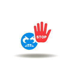 Vector illustration of angry emoji face and hand gesture of stop. Icon of stop bullying. Symbol of no aggression, abuse, harassment, violence. Sign of complaint. - obrazy, fototapety, plakaty