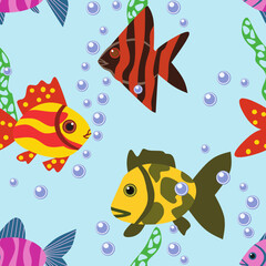 Colorful fishes. Repeating pattern on a blue background. Algae, bubbles.
