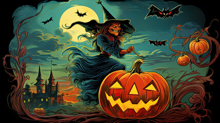 Halloween Background with an ugly witch, Jack o Lanterns and bats