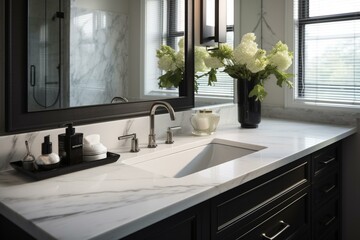 Modern bathroom vanity with marble top, black faucets, cabinetry and mirrors. Generative AI