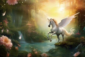 Obraz na płótnie Canvas A mystical scene of a white unicorn and pegasus amid a magical forest. Generative AI