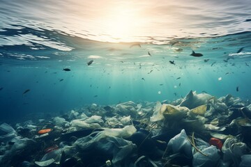 Fototapeta na wymiar Illustration of plastic garbage polluting the ocean. Generative AI
