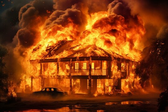 USA house engulfed in flames. Generative AI