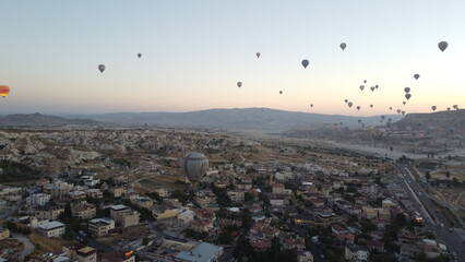 A drone shot of the Sunset Hot Air Balloon Launches in Cappadocia