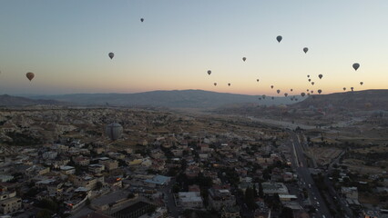 A drone shot of the Sunset Hot Air Balloon Launches in Cappadocia