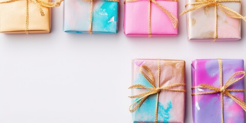 Flat Top view Gift box for birthday, festive anniversary, happy Valentine's day and wedding, gift presents for black Friday sale. Christmas and New Year gift boxes surprise. soft colors