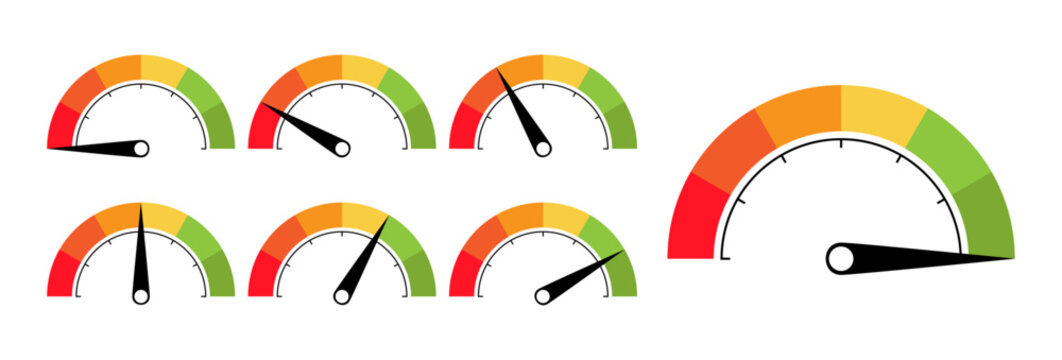 Colorful level meter indicator from empty to full. Color scale vector illustration to use in business, risk management, dashboard, technology quality indicator. 