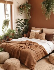 Rustic room with bed and plants, brown color palette