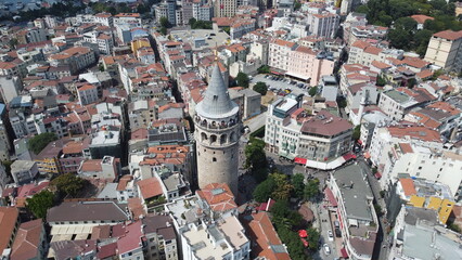 A drone shot of the Galata Tower and surrounding neighbourhood and small streets, Istanbul