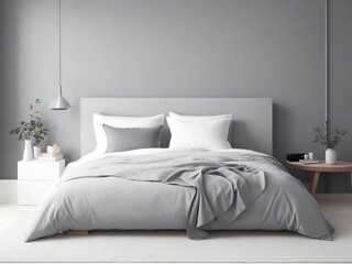 Room with bed,gray color palette, minimalist and modern, sunlight through the window