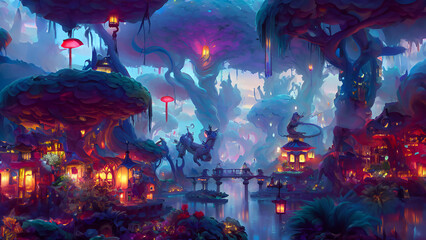 Discover the Beauty of Mythical Beings in an Enchanted Garden of Lanterns.