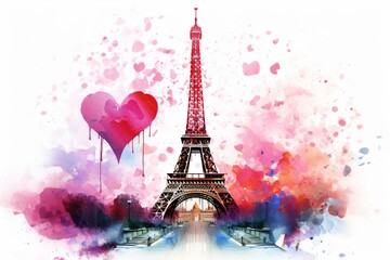 Colorful watercolor artwork depicting the iconic Eiffel Tower alongside a heart shape. Generative AI