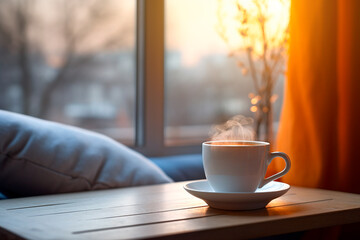 hot coffee cup by a window during the sunrise. winter concept, comfort, tranquility, relaxation