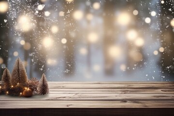 Empty wooden table with warm living room decor, Christmas tree string lights, snow, holiday backdrop. Banner for product display. Generative AI