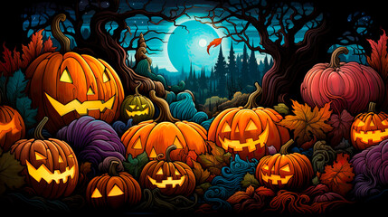 Halloween Background Illustration with pumpkins and Jack O Lanterns