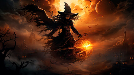 Witch floating in the air with a sphere of light in front of her