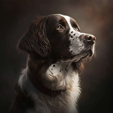 Portrait of a working type english springer spaniel on dark background