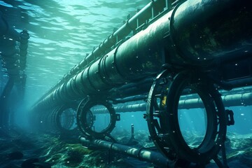 Underwater pipelines in the ocean. Digitally created representation. Generative AI