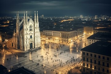 Fototapeta premium Milan at night with aerial view of Duomo plaza. Generative AI