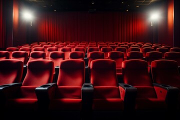 Fototapeta na wymiar Empty red cinema seats with comfortable armchairs in a theater arranged in rows. Generative AI