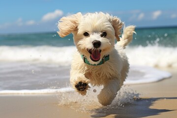 A joyful maltipoo enjoying beach activities. Generative AI