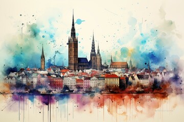 Artistic watercolor of Rzeszow's urban skyline. Generative AI