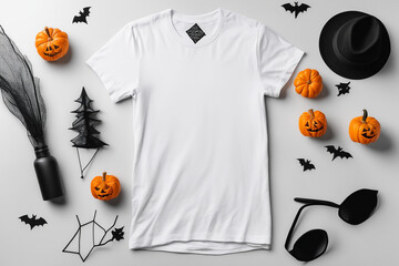 flat lay of white tshirt mockup with hallowen natural light background
