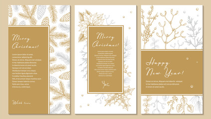 Set of Merry Christmas and Happy New Year vertical greeting cards with hand drawn golden botany elements. Vector illustration in sketch style. Festive backgrounds. Social media stories templates