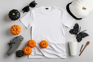flat lay of white tshirt mockup with hallowen natural light background