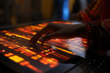 A close-up of a person's hand using technology to create interactive language apps for indigenous learners. Generative Ai.