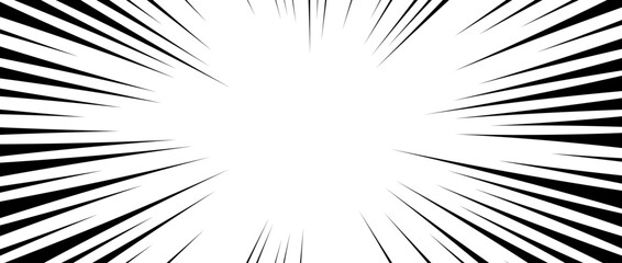 Fototapeta premium Radial speed lines background. Comic book explosion lines wallpaper. Abstract black and white flash frame design. Manga or anime cartoon light ray or beam burst. Vector blast or bang effect