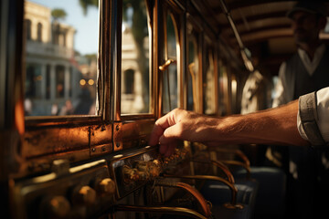 A close-up of a person's hand operating a historic cable car, a mode of urban transit in hilly cities. Generative Ai.