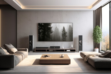 Modern minimalist interior with big TV, television set in living room - obrazy, fototapety, plakaty