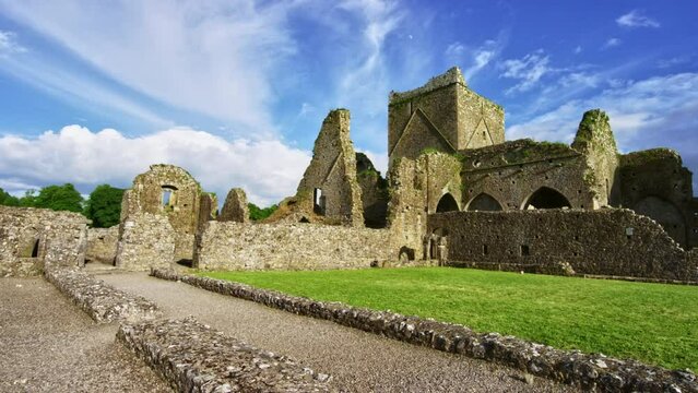 Beautiful Tracking Shot Of Rock Of Cashel Ruins