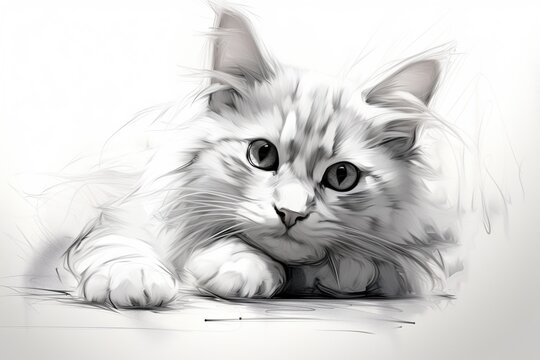 a drawing of a cat laying down on the ground looking at the camera