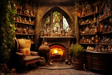 Cozy, enchanting chamber adorned with shelves displaying various magical elixirs. Generative AI - obrazy, fototapety, plakaty