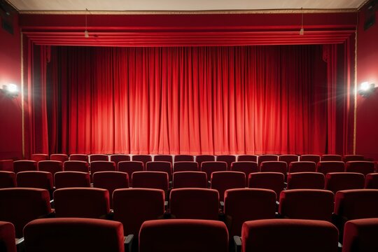 a row of red seats in a theater or auditorium with a red curtain