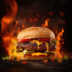Big spicy fresh tasty Burger hamburger with beef cheese pickles tomatoes in restaurant fast junk food on fire background