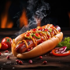 Big hotdog with beef sausage tomatoes, mustard and salad on fire black background - 644258418