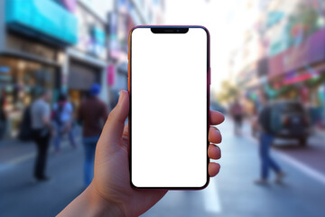 A mock up of smartphone empty screen in person's hand in modern city background