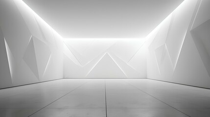 Empty light and dark interior background. White geometrically textured 3D empty wall and smooth light floor with beautiful lighting. Product presentation and interior design background. generative AI