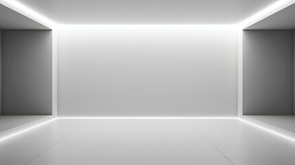 Empty light and dark interior background. White geometrically textured 3D empty wall and smooth light floor with beautiful lighting. Product presentation and interior design background. generative AI