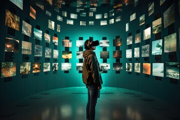 a man wearing virtual reality glasses visits a museum of digital art, paintings and modern sculpture