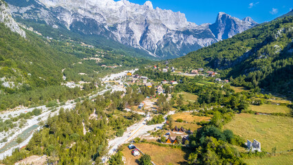 Aerial drone view of the valley of Theth national park, Albania. Albanian Alps