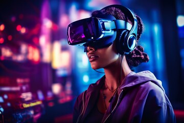 An attractive woman wearing virtual reality glasses, exploring metaverse world of digital art
